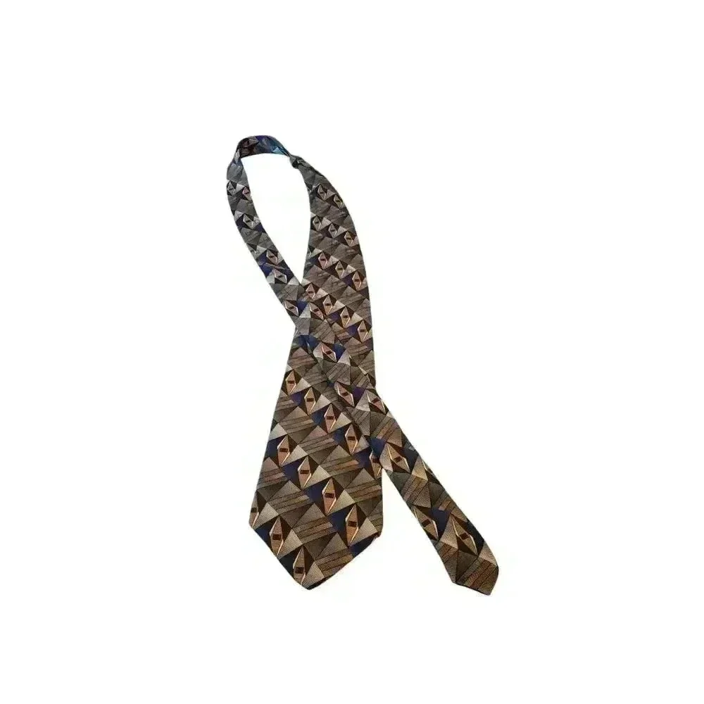 Platinum Designs Tan Blue‎ Geometric 100% Silk Classic Men's Tie Business Church